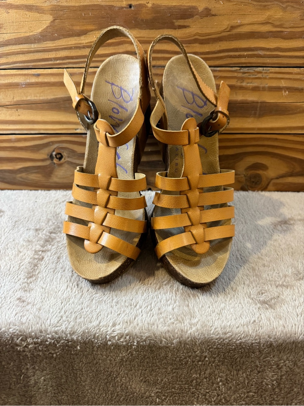 Blowfish Tan Strappy Wedge Sandals